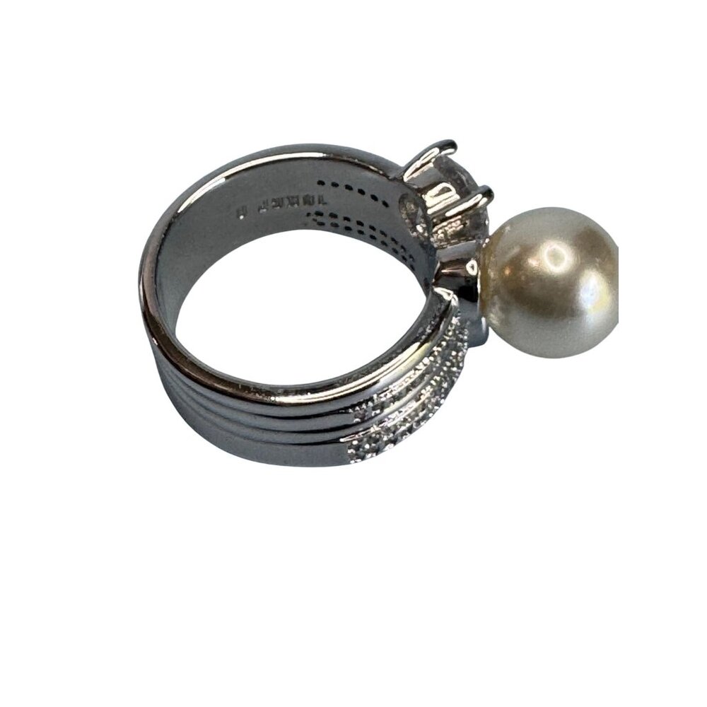 Womens Size 8 18K GP Silver Ring With Pearl & Cubic Zirconia Stones - Picture 6 of 8